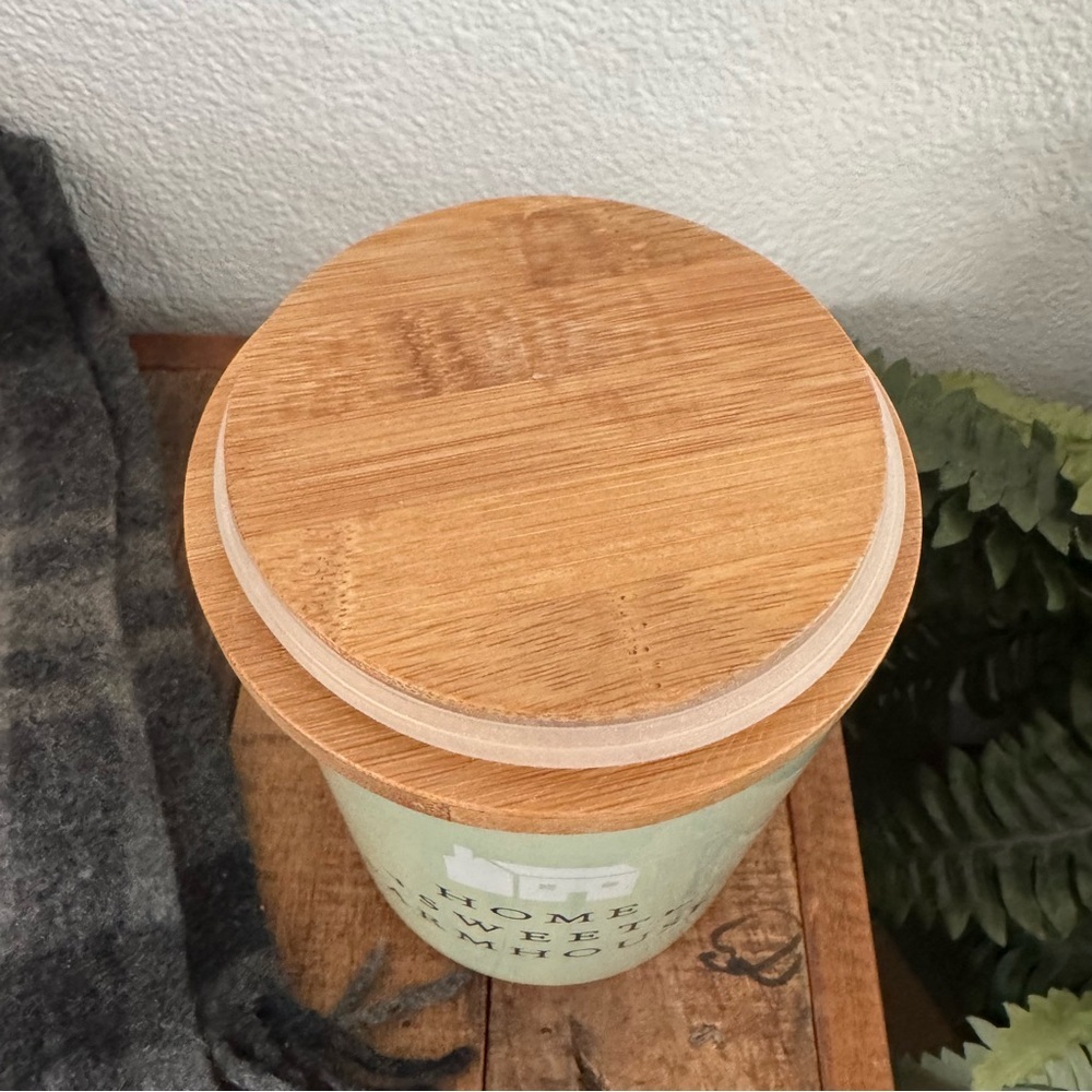 Ceramic Canister Home Sweet Farmhouse Mint Green Wood Lid Rustic Minimalist - Picture 6 of 10